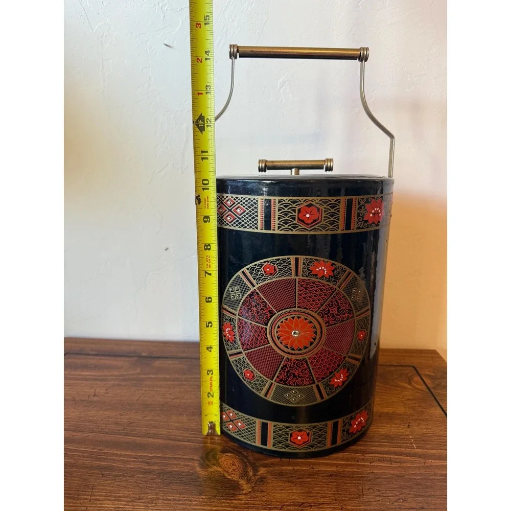 Vintage Chinoiserie Ice Bucket Faux Bamboo Handle Red and Black Intricate Design